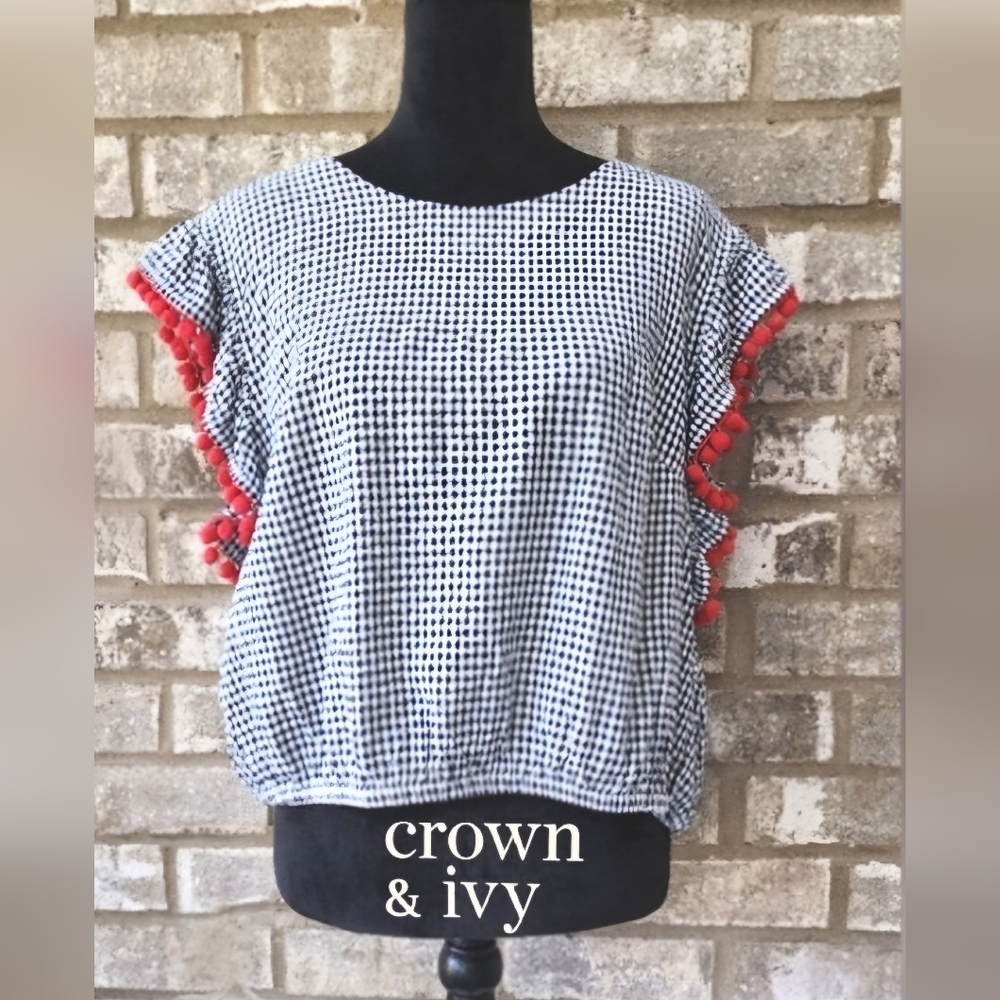 Crown & Ivy Red Pom-Pom Black & White Gingham Crop Top XXL
